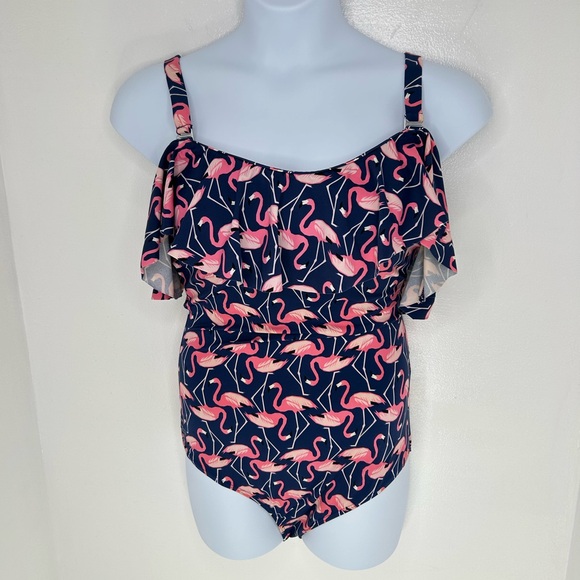 Eloquii Ruffle Off The Shoulder‎ Flamingo One piece Swimsuit Size 16W Beach - Picture 2 of 13